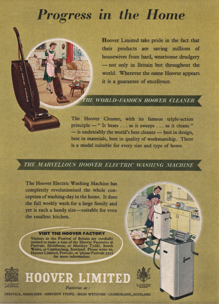 HOOVER ADVERT. Vacuum cleaner. washing machine. Domestic appliances 1951 print